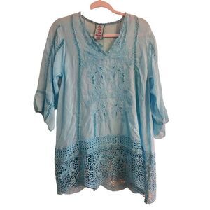 Johnny Was  3/4 sleeve flowy boho crochet embroidered  cupra  Rayon tunic size s